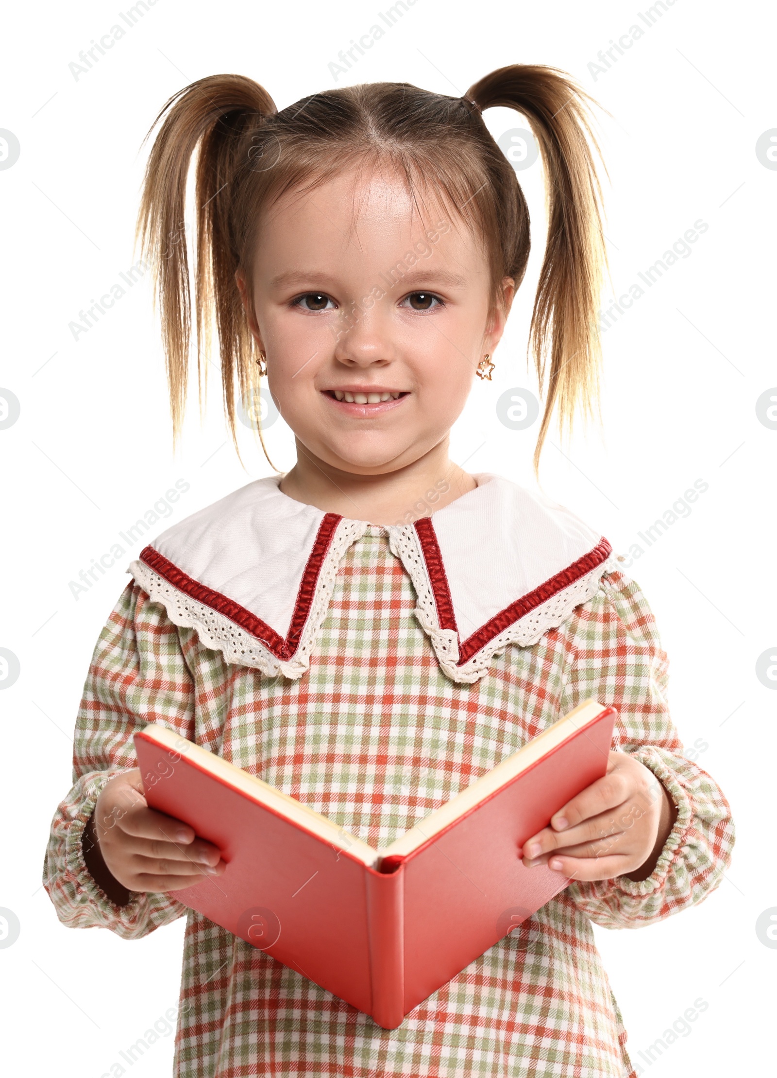 Photo of Cute little girl with book on white background