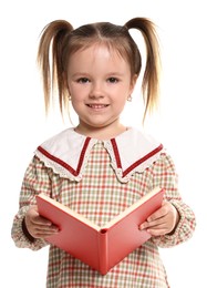 Photo of Cute little girl with book on white background