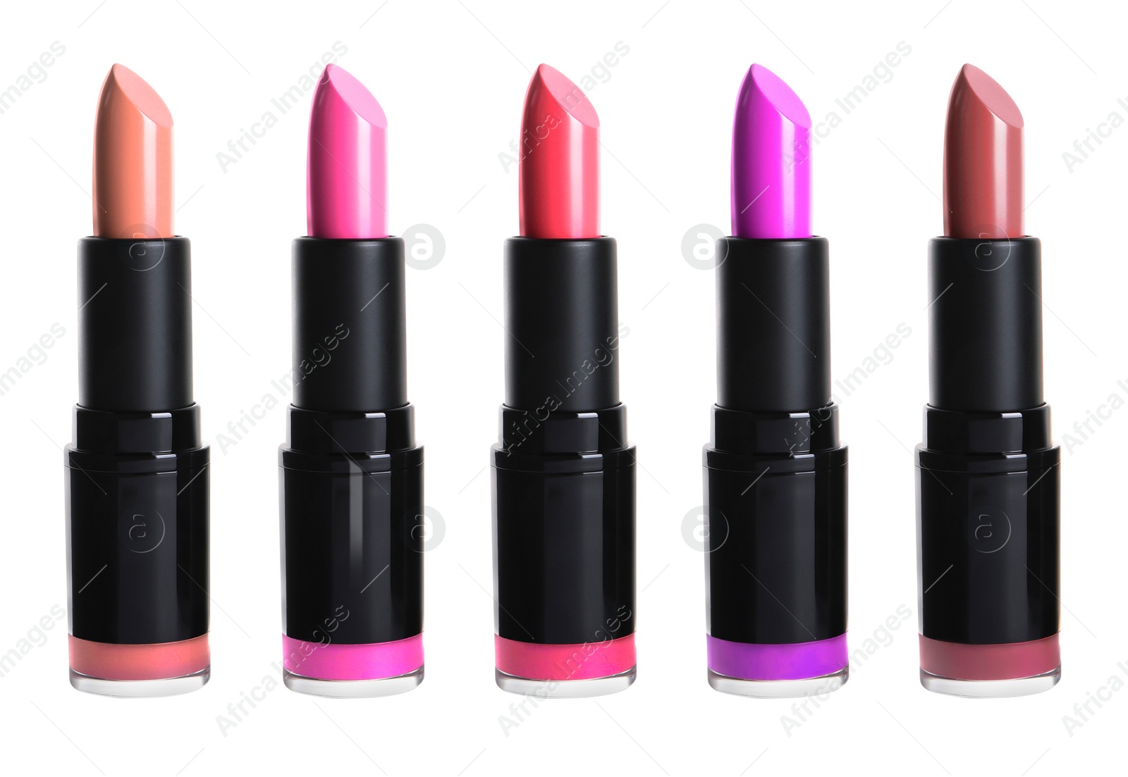 Image of Set with different beautiful lipsticks on white background