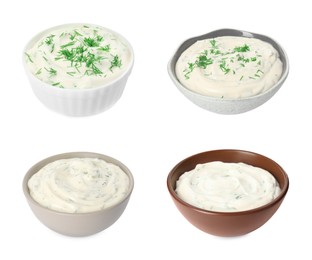 Image of Set with tasty creamy dill sauce on white background