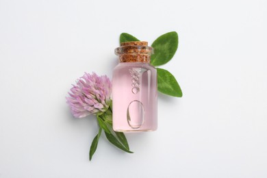 Photo of Beautiful clover flower and bottle of essential oil on white background, flat lay