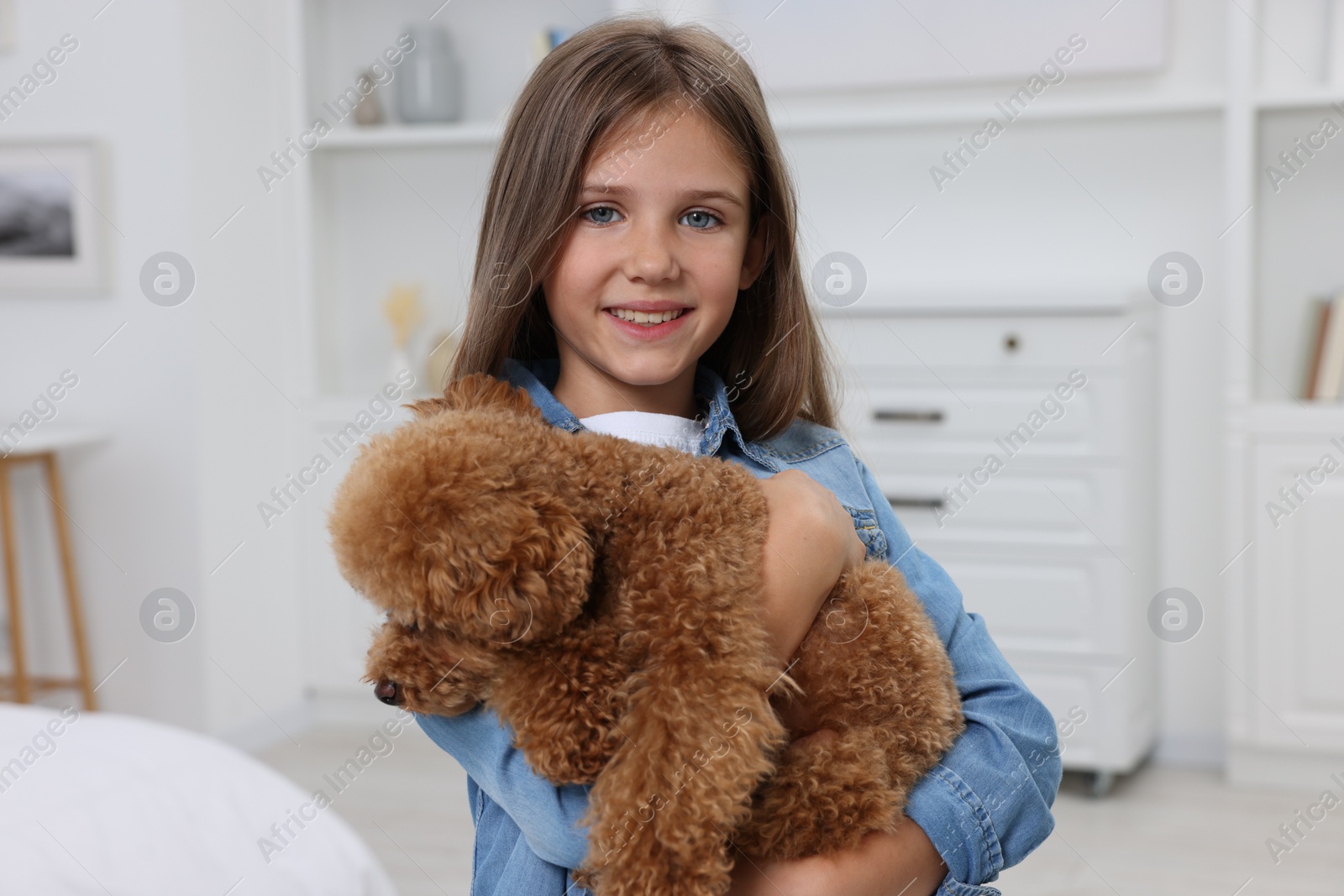 Photo of Little child with cute puppy at home. Lovely pet