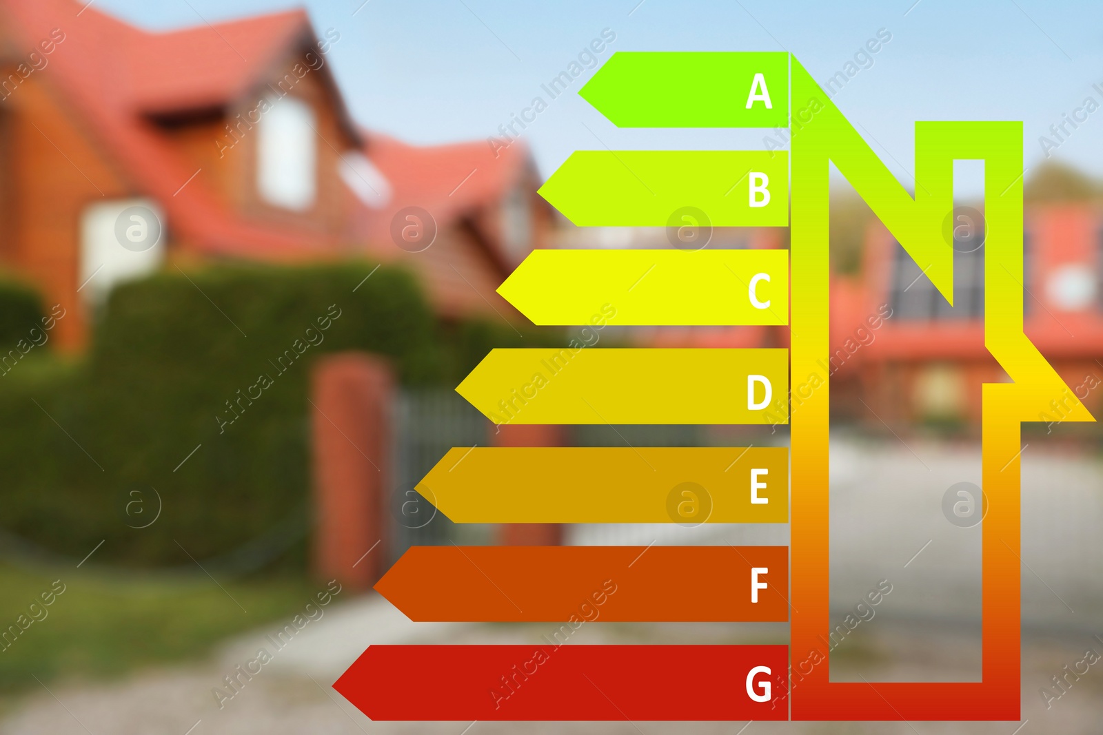 Image of Energy efficiency rating and blurred view of houses outdoors