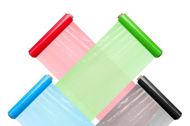 Image of Rolls of colorful plastic stretch wrap on white background