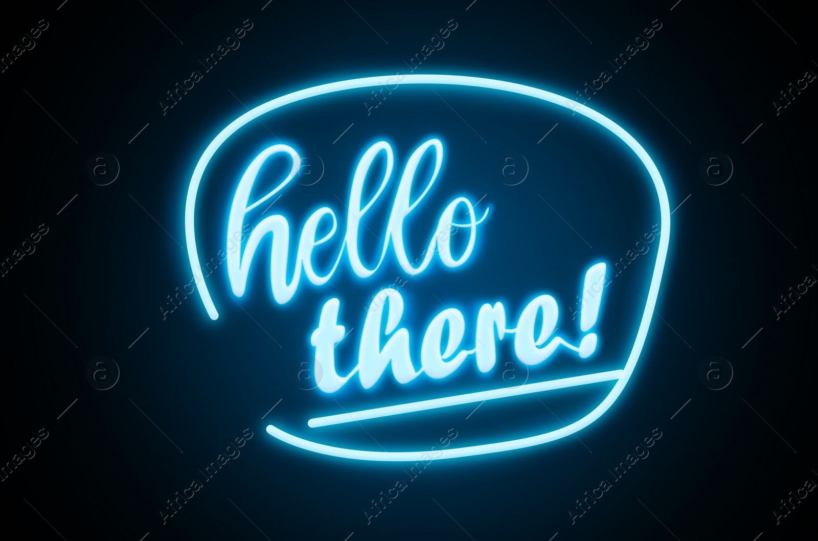 Image of Stylish neon sign with phrase Hello there on dark background