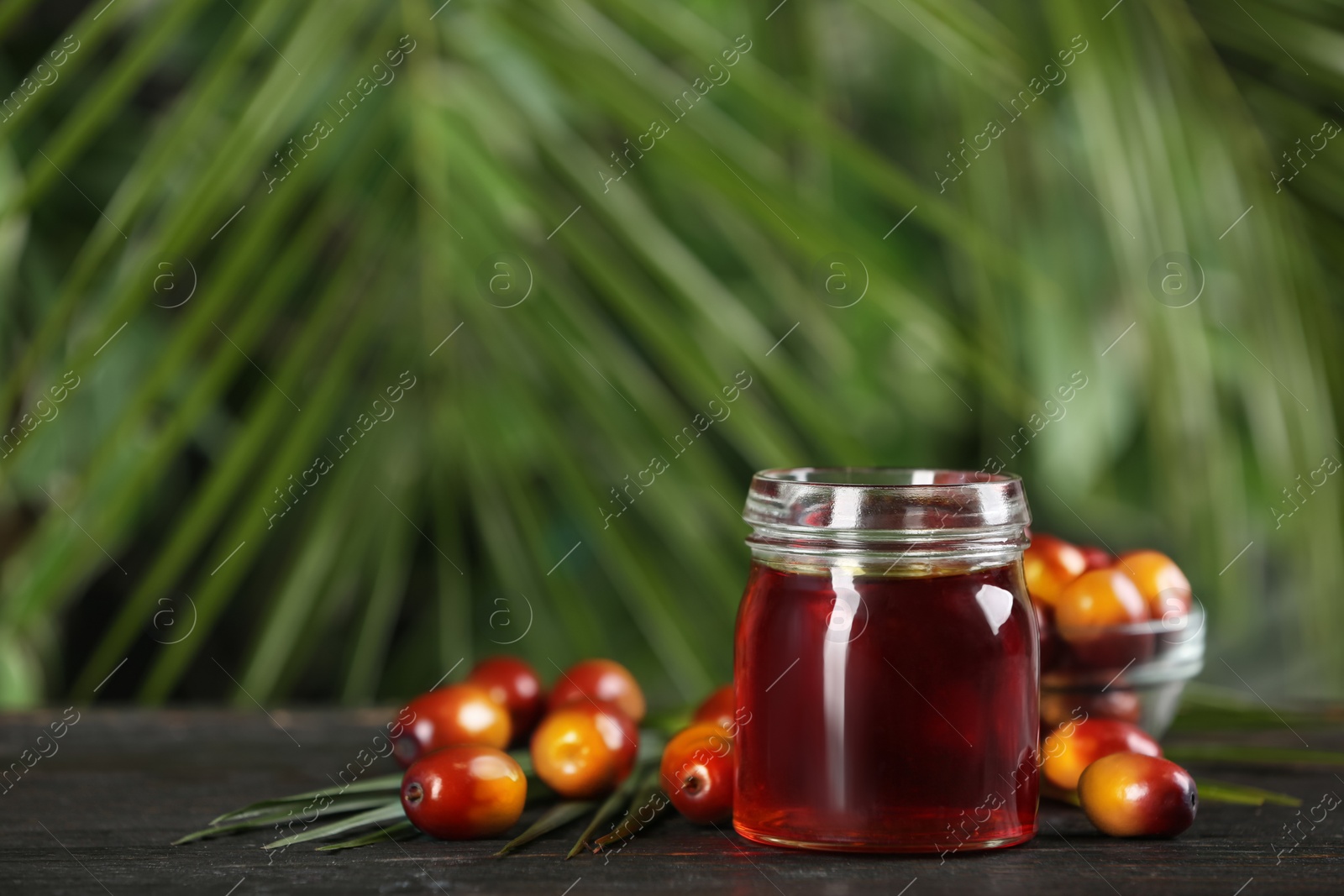 Image of Palm oil in glass jar, tropical leaf and fruits on wooden table. Space for text
