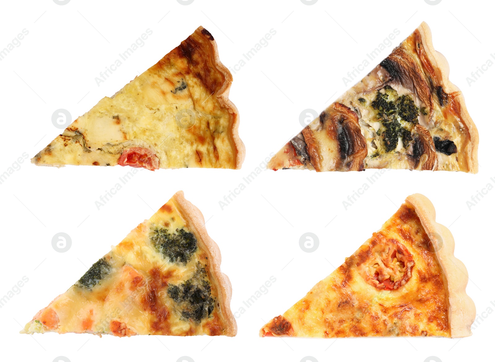 Image of Pieces of different quiches isolated on white, set. Top view