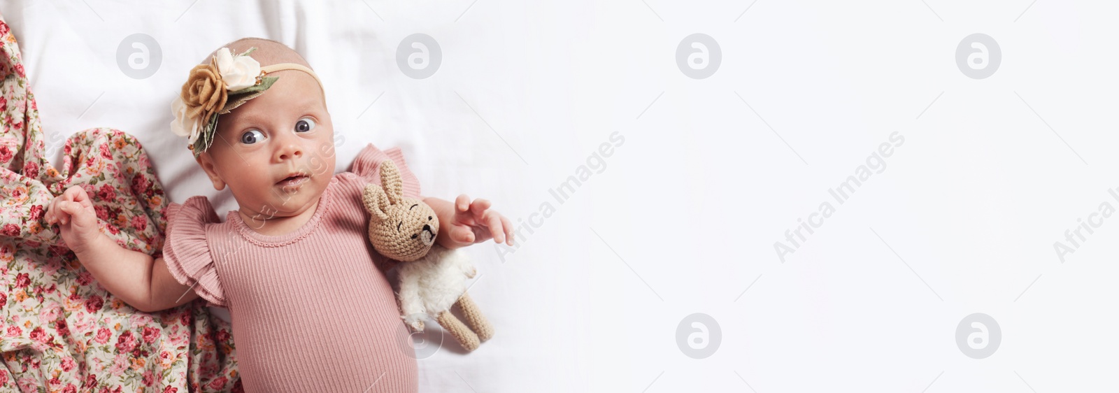 Image of Cute newborn baby girl with floral headband on bed, top view with space for text. Banner design