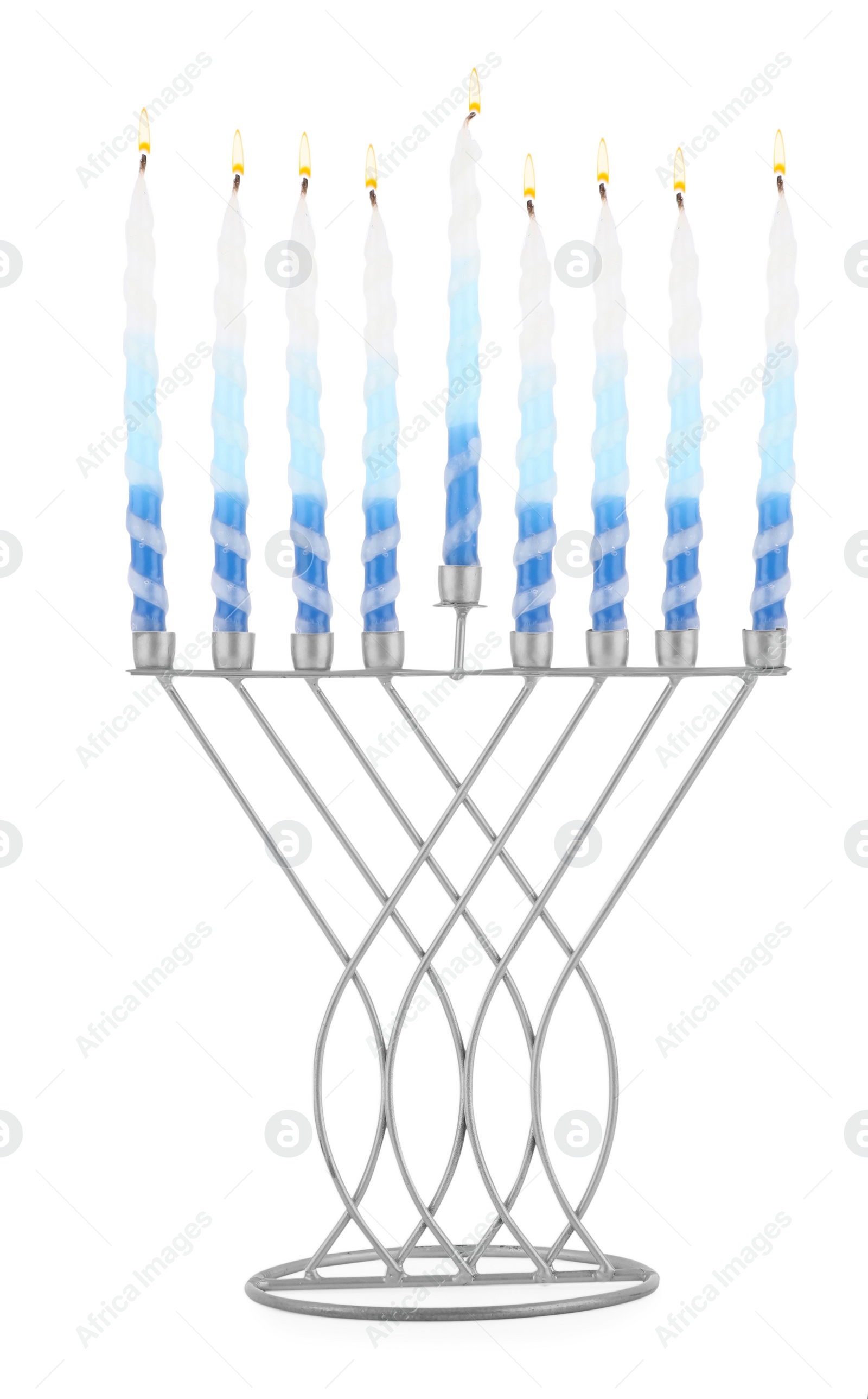 Photo of Hanukkah celebration. Menorah with colorful candles isolated on white