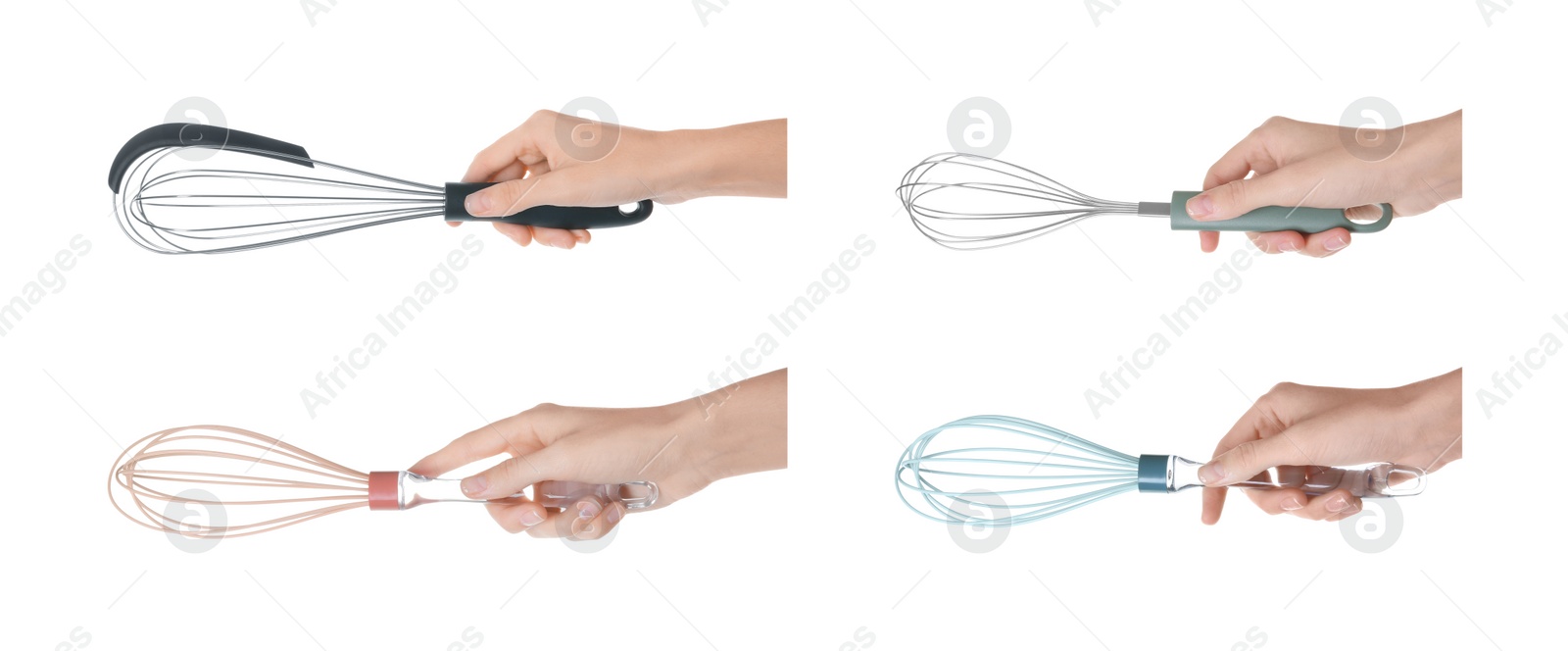 Image of Woman holding different whisks on white background, closeup. Collection of photos