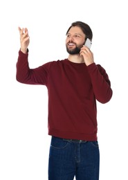 Photo of Man talking on smartphone against white background