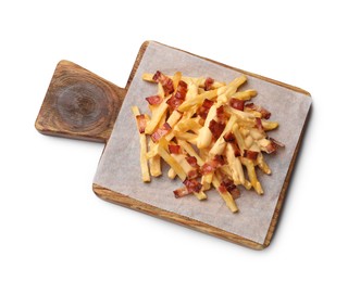 Photo of Delicious French fries with bacon and cheese sauce isolated on white, top view