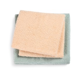Photo of Soft colorful terry towels isolated on white, top view
