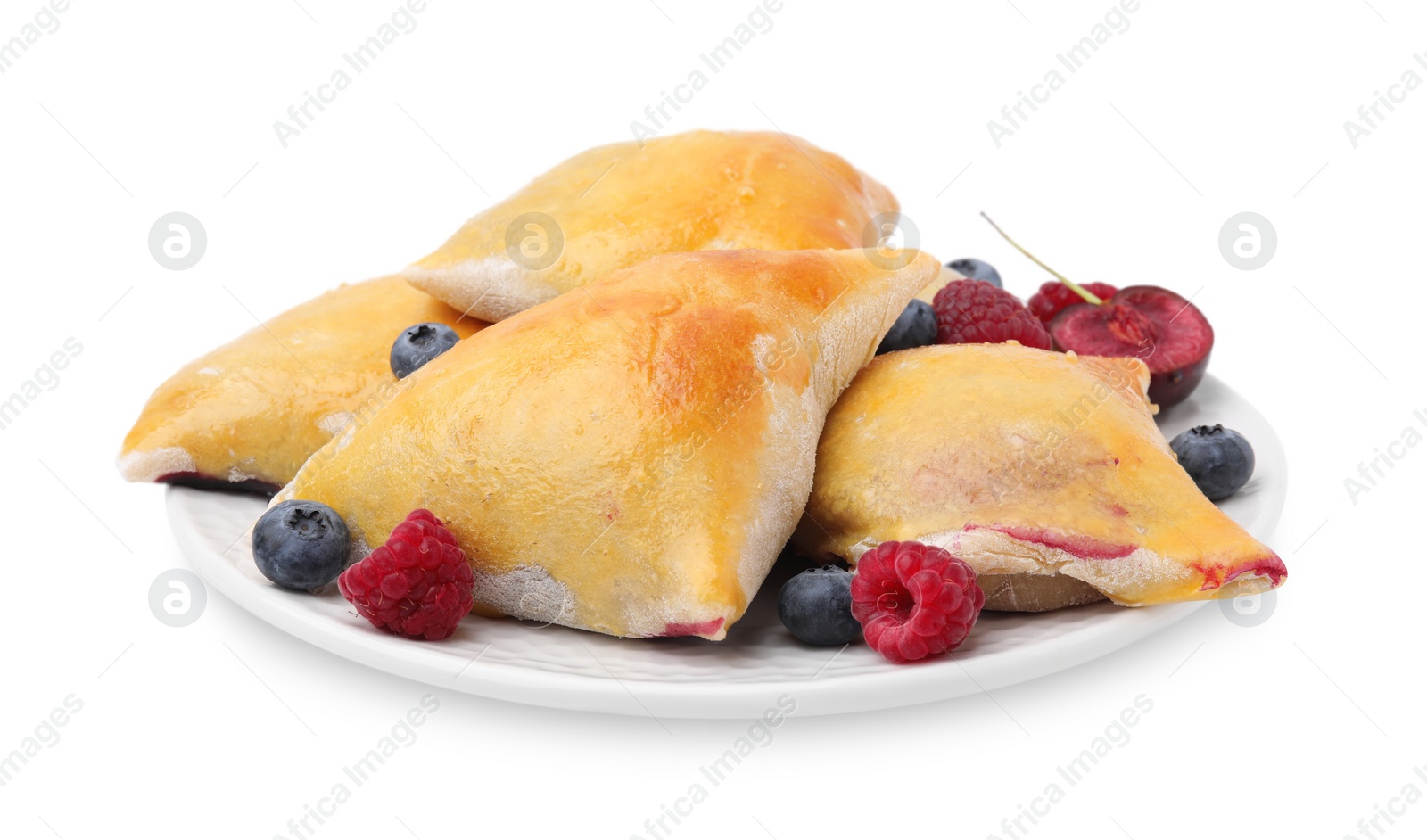 Photo of Delicious samosas with cherry and berries isolated on white