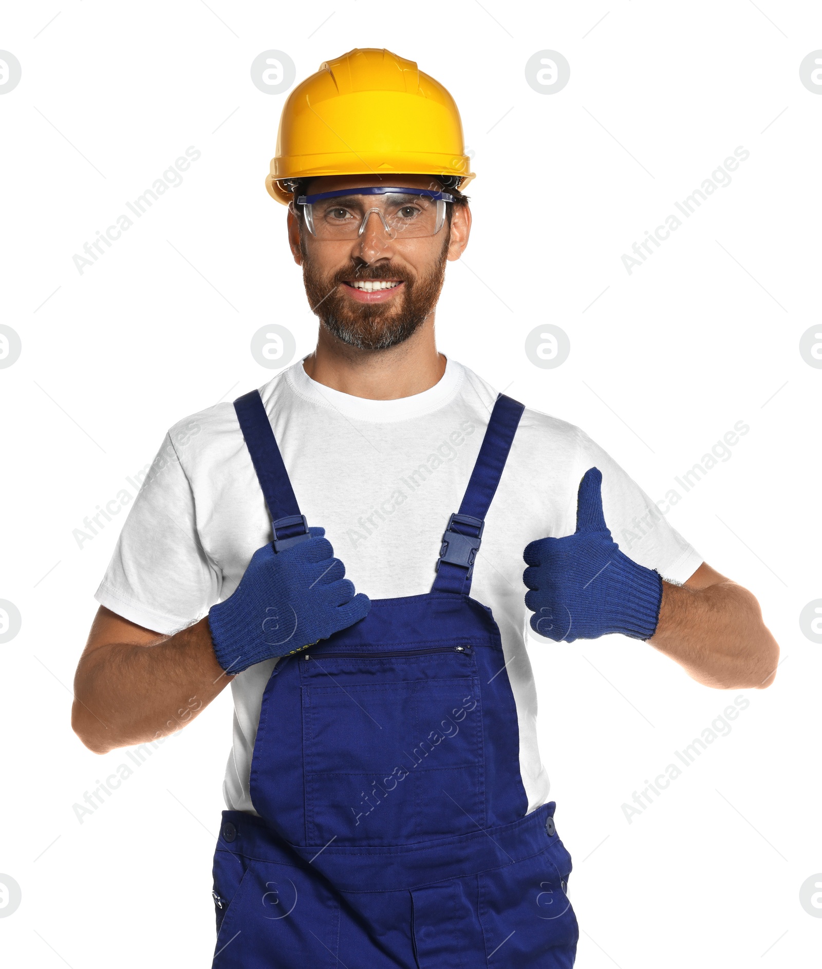 Photo of Professional builder in uniform isolated on white