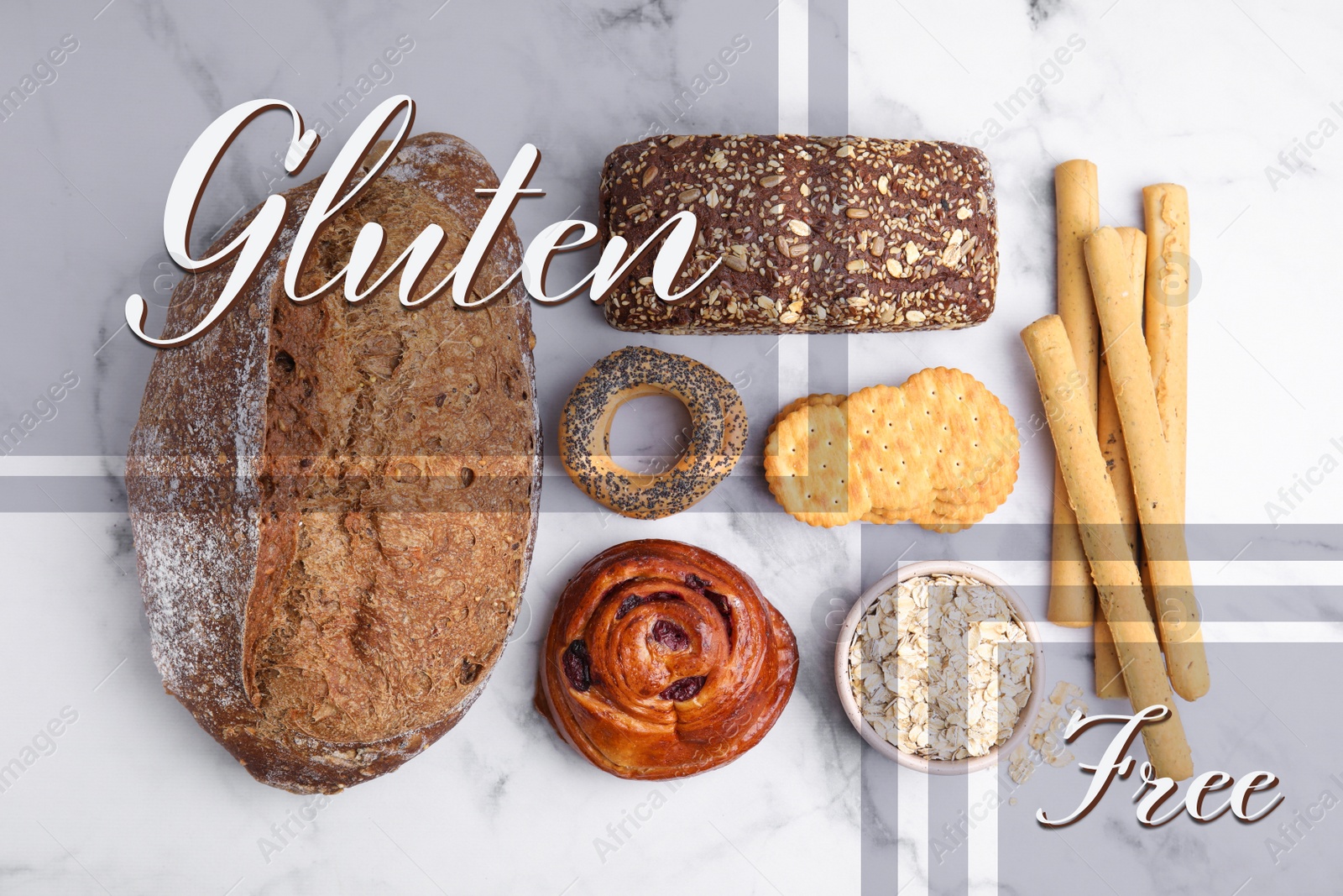 Image of Different gluten free products on white marble table, flat lay