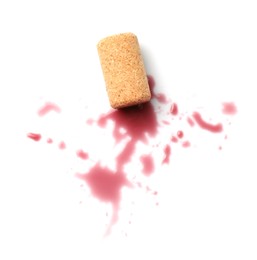 Photo of Bottle cork with wine stains isolated on white, top view