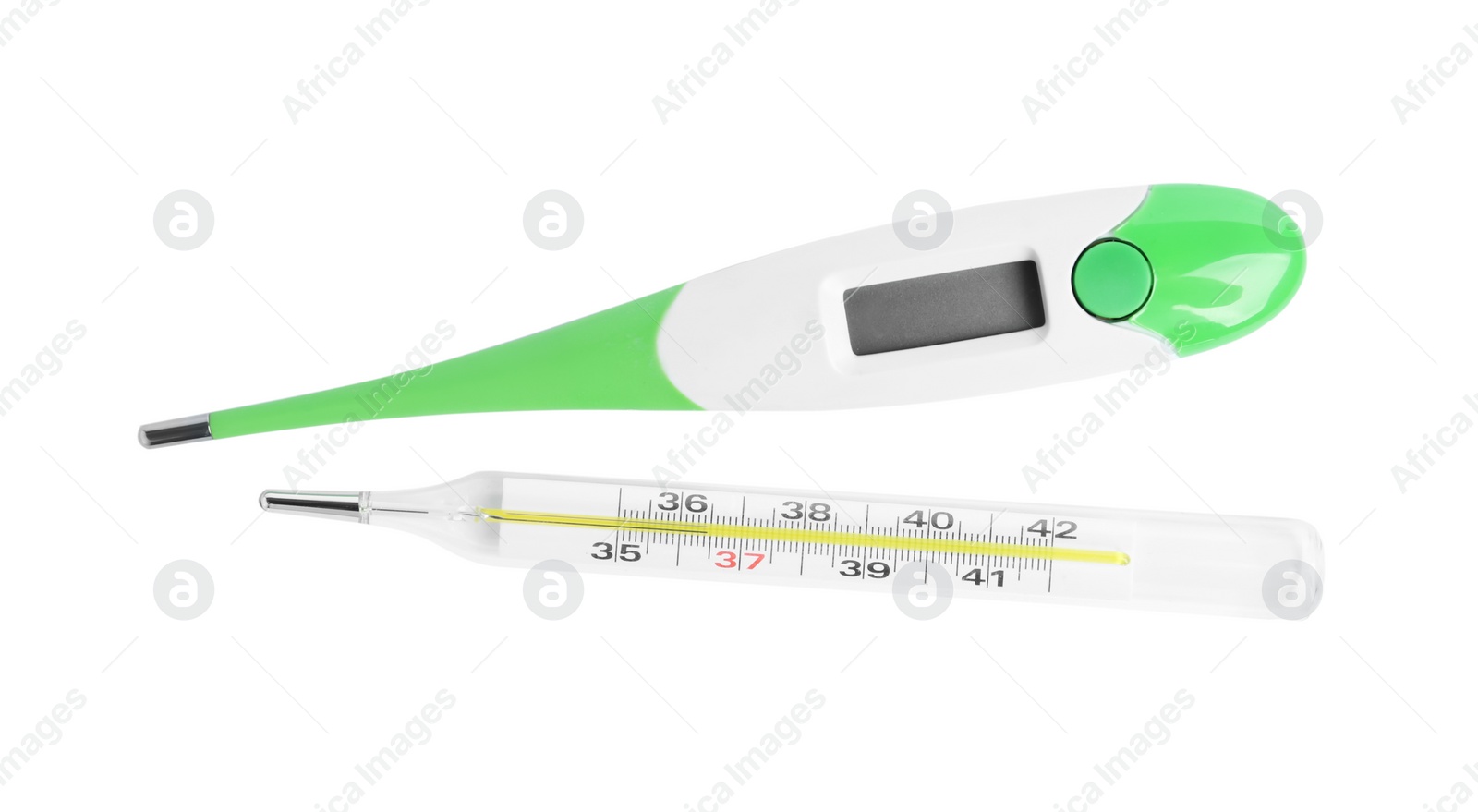 Photo of Different thermometers on white background, top view