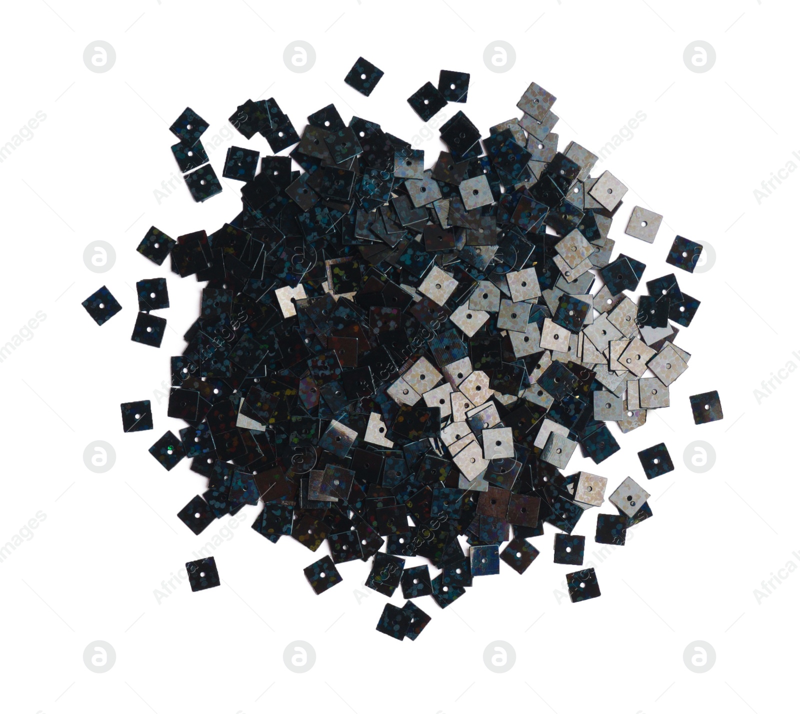 Photo of Pile of sequins isolated on white, top view