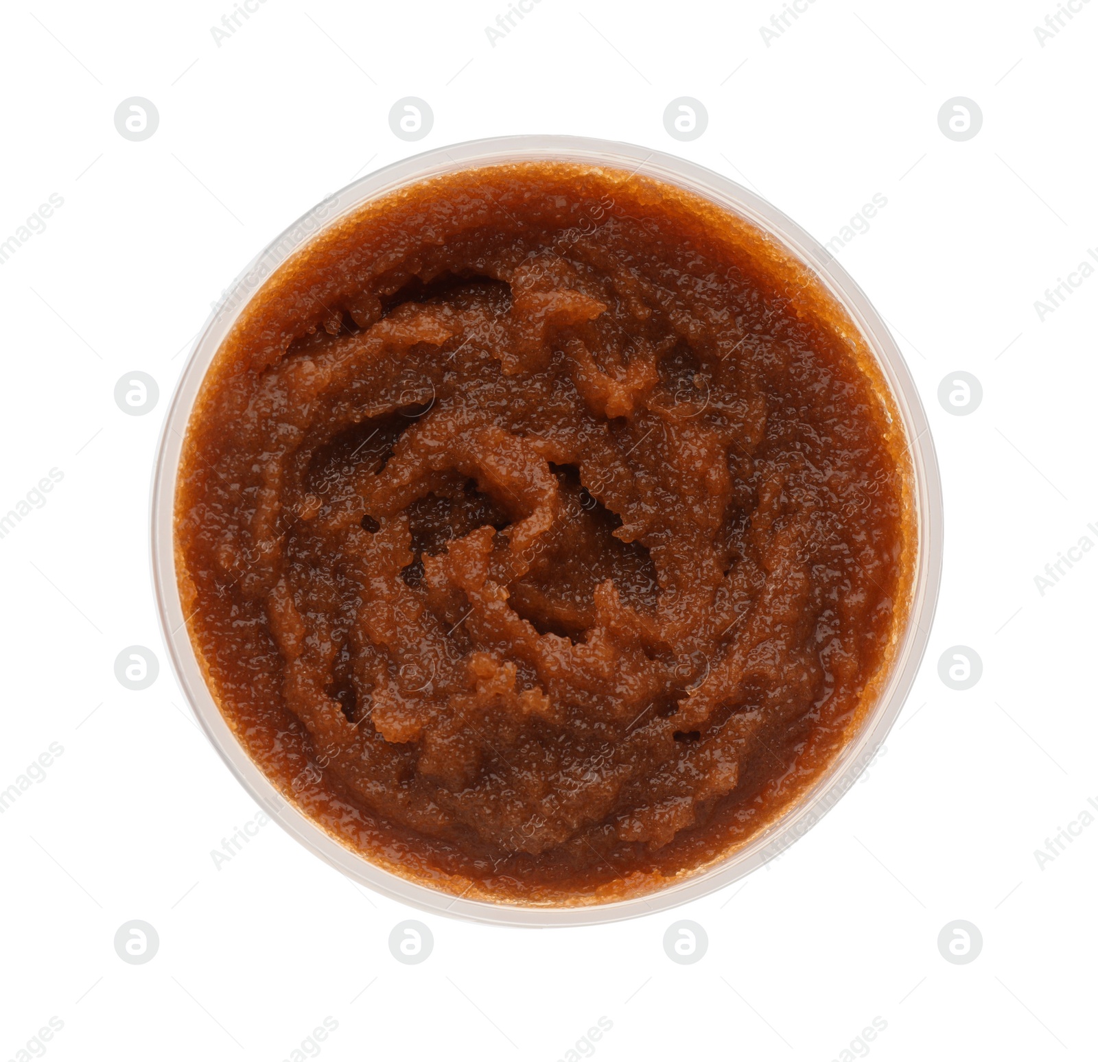 Photo of Body scrub in jar isolated on white, top view