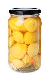 Photo of Glass jar with pickled patty pan squashes isolated on white