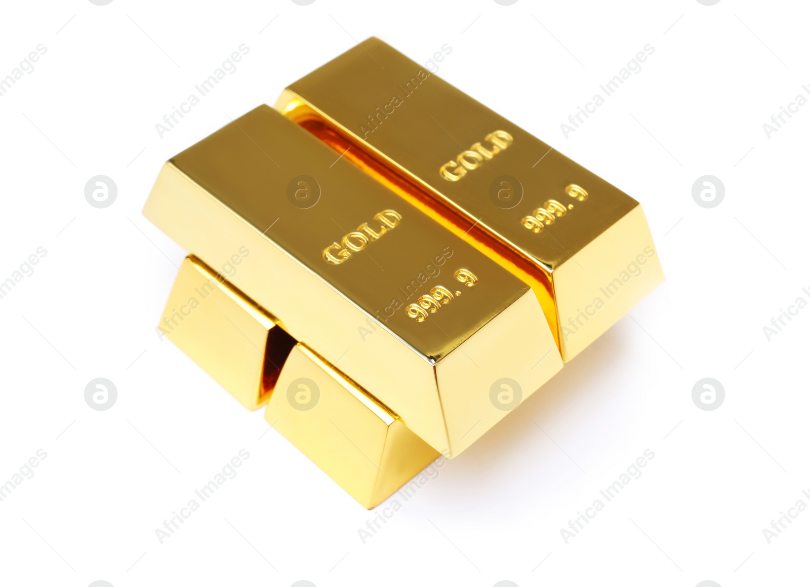 Photo of Precious shiny gold bars on white background