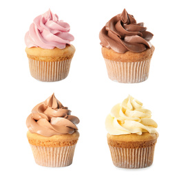 Set of delicious birthday cupcakes on white background