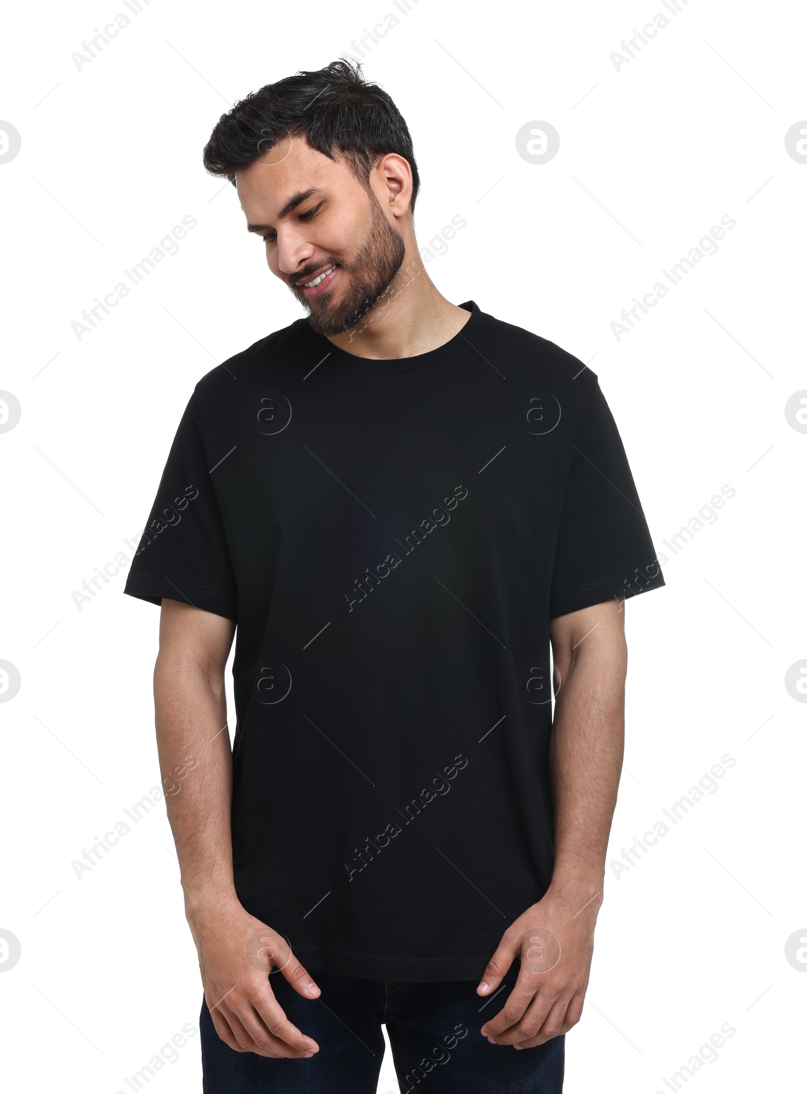 Photo of Smiling man in black t-shirt on white background