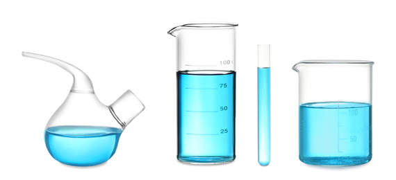 Image of Set of laboratory glassware with blue liquid on white background. Banner design