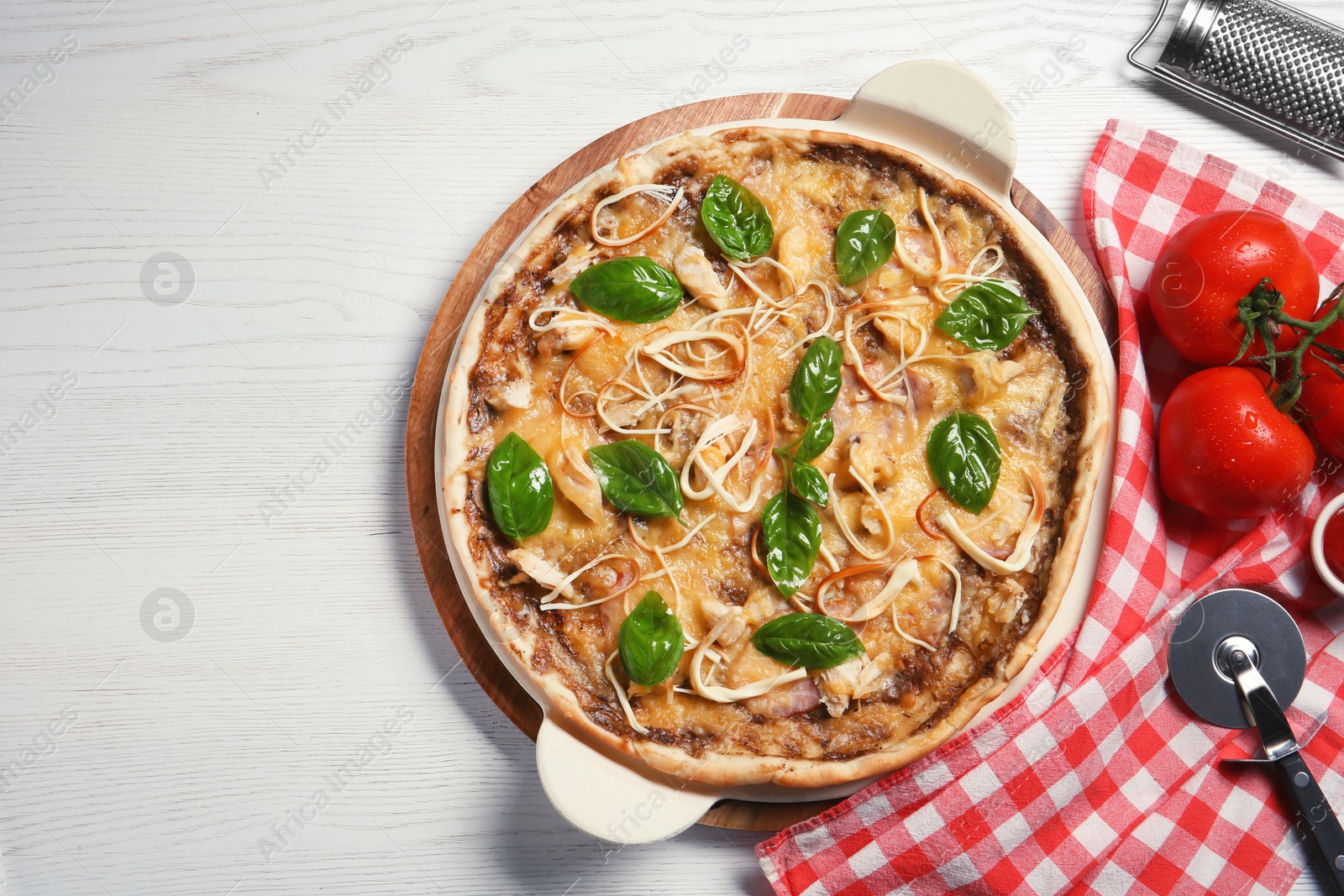 Photo of Flat lay composition with delicious homemade pizza and space for text on wooden background