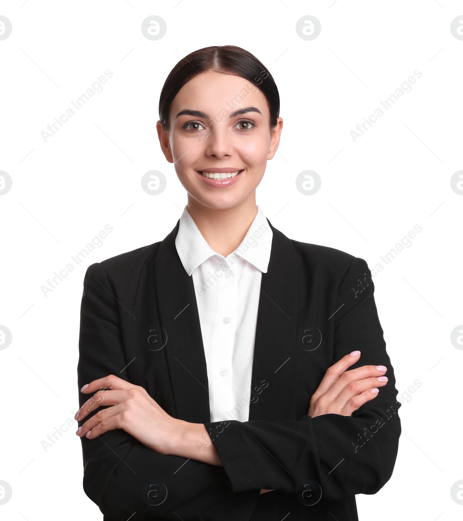 Photo of Portrait of young businesswoman on white background