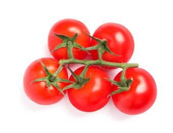 Photo of Branch of fresh cherry tomatoes isolated on white