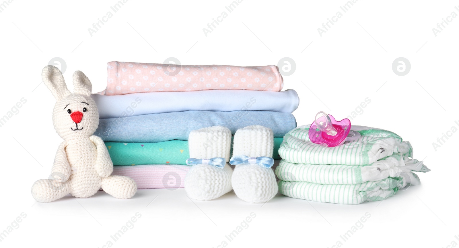 Photo of Set of baby accessories on white background