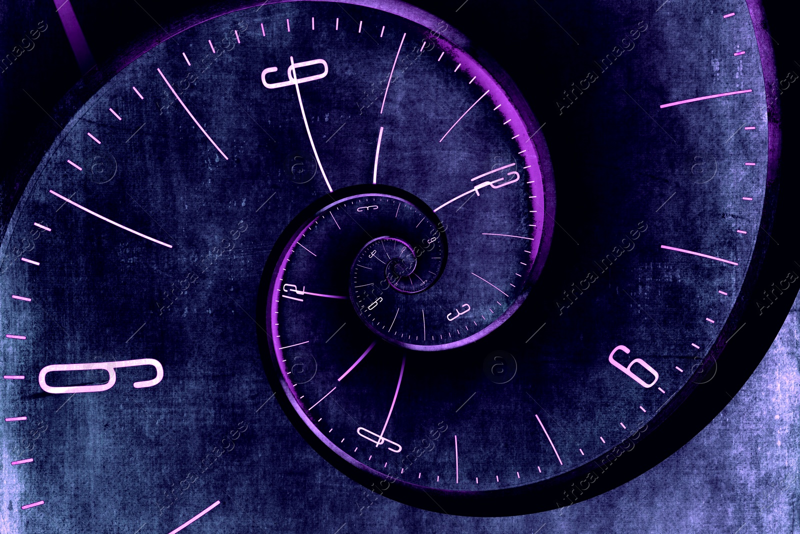 Image of Infinity and other time related concepts. Dark blue clock face twisted in spiral, fractal pattern