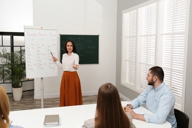 Photo of English teacher giving lesson on simple present tense near whiteboard in classroom