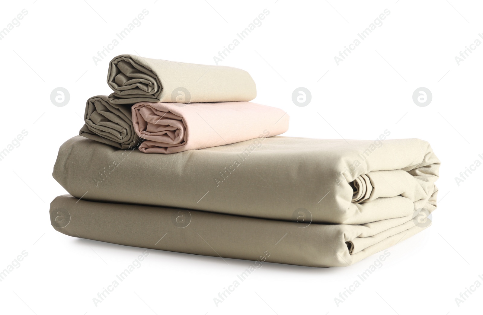 Photo of Stack of clean bed sheets isolated on white