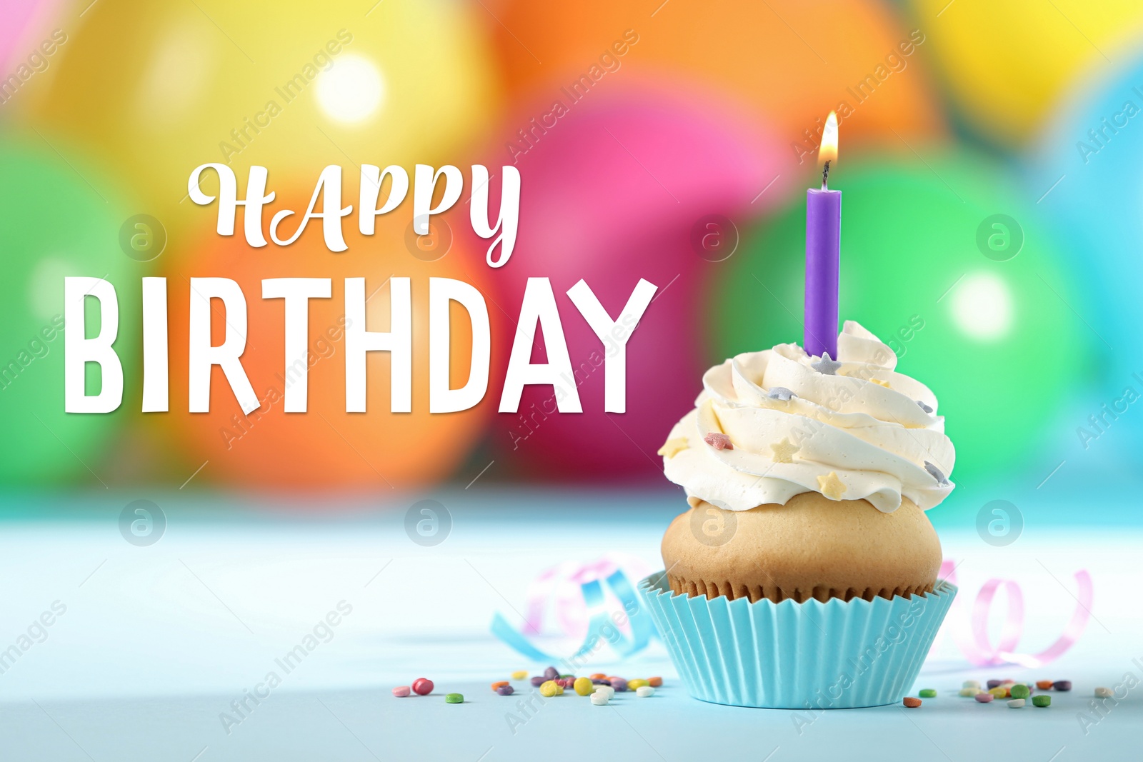 Image of Happy Birthday! Delicious cupcake with burning candle on blurred background