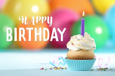 Image of Happy Birthday! Delicious cupcake with burning candle on blurred background
