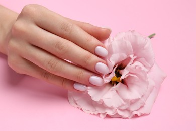 Woman with white nail polish touching eustoma flower on pink background, closeup