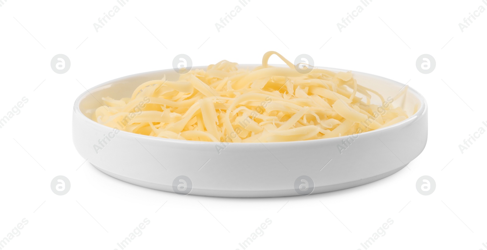 Photo of Plate with tasty grated cheese isolated on white