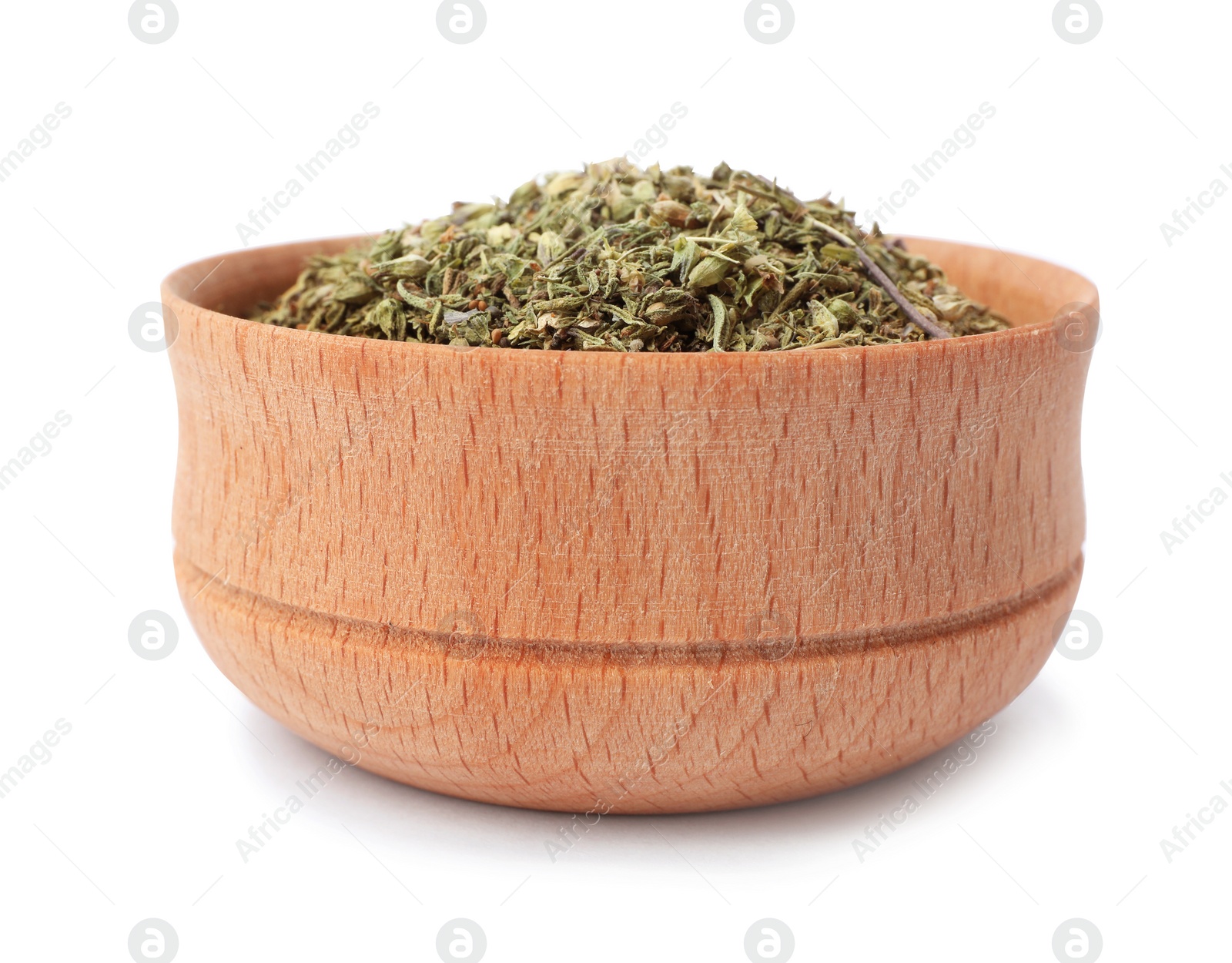 Photo of Wooden bowl with spice on white background