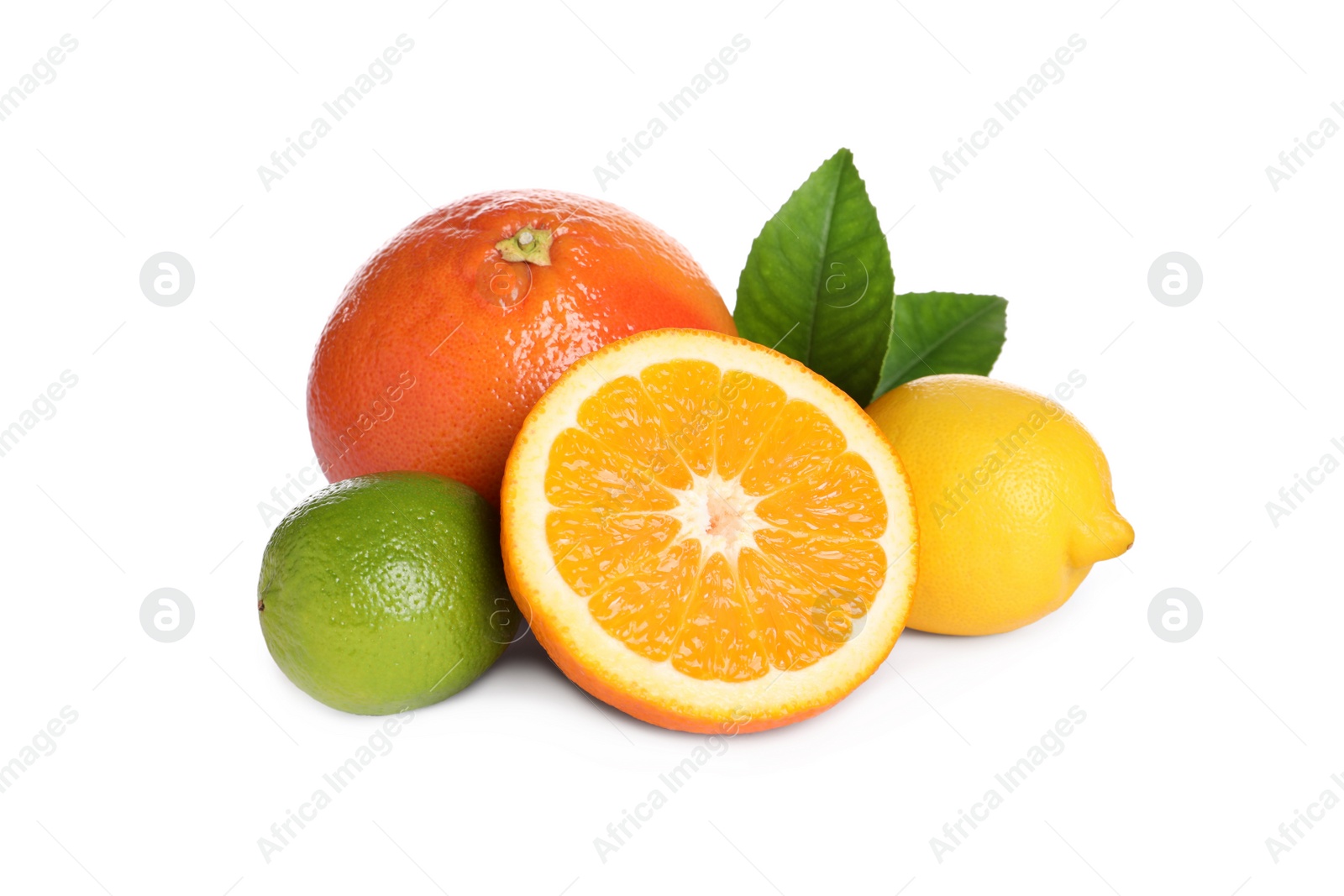 Photo of Fresh juicy citrus fruits with green leaves on white background