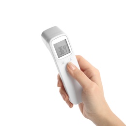 Photo of Woman with infrared thermometer on white background, closeup. Checking temperature during Covid-19 pandemic