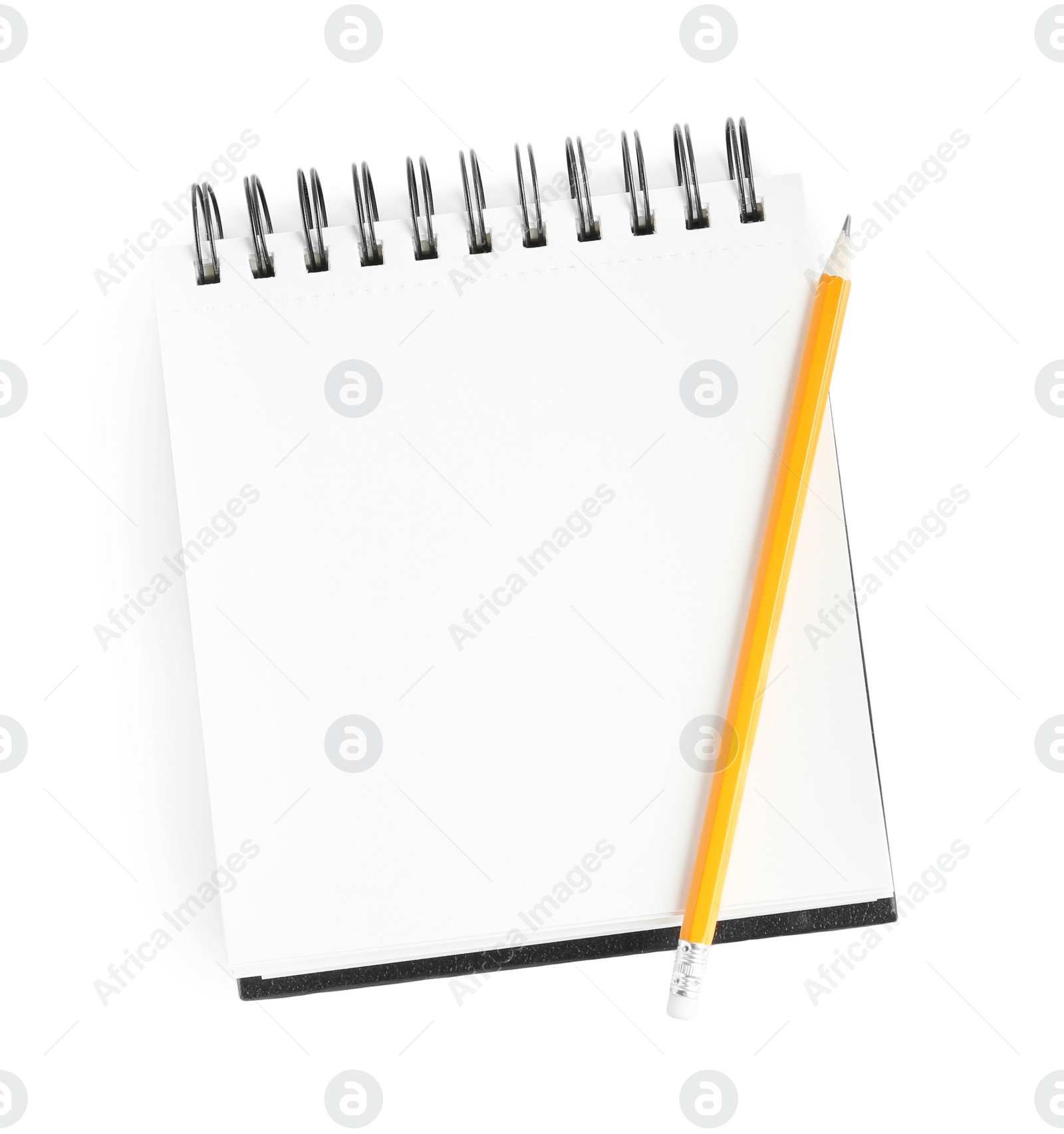 Photo of Notebook and pencil isolated on white, top view