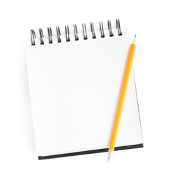 Photo of Notebook and pencil isolated on white, top view