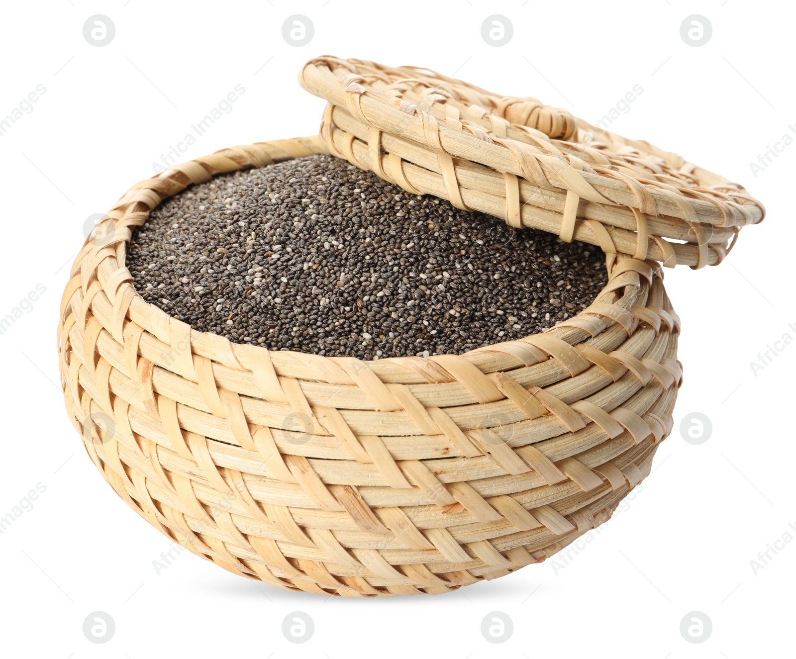 Photo of Wicker box with chia seeds on white background
