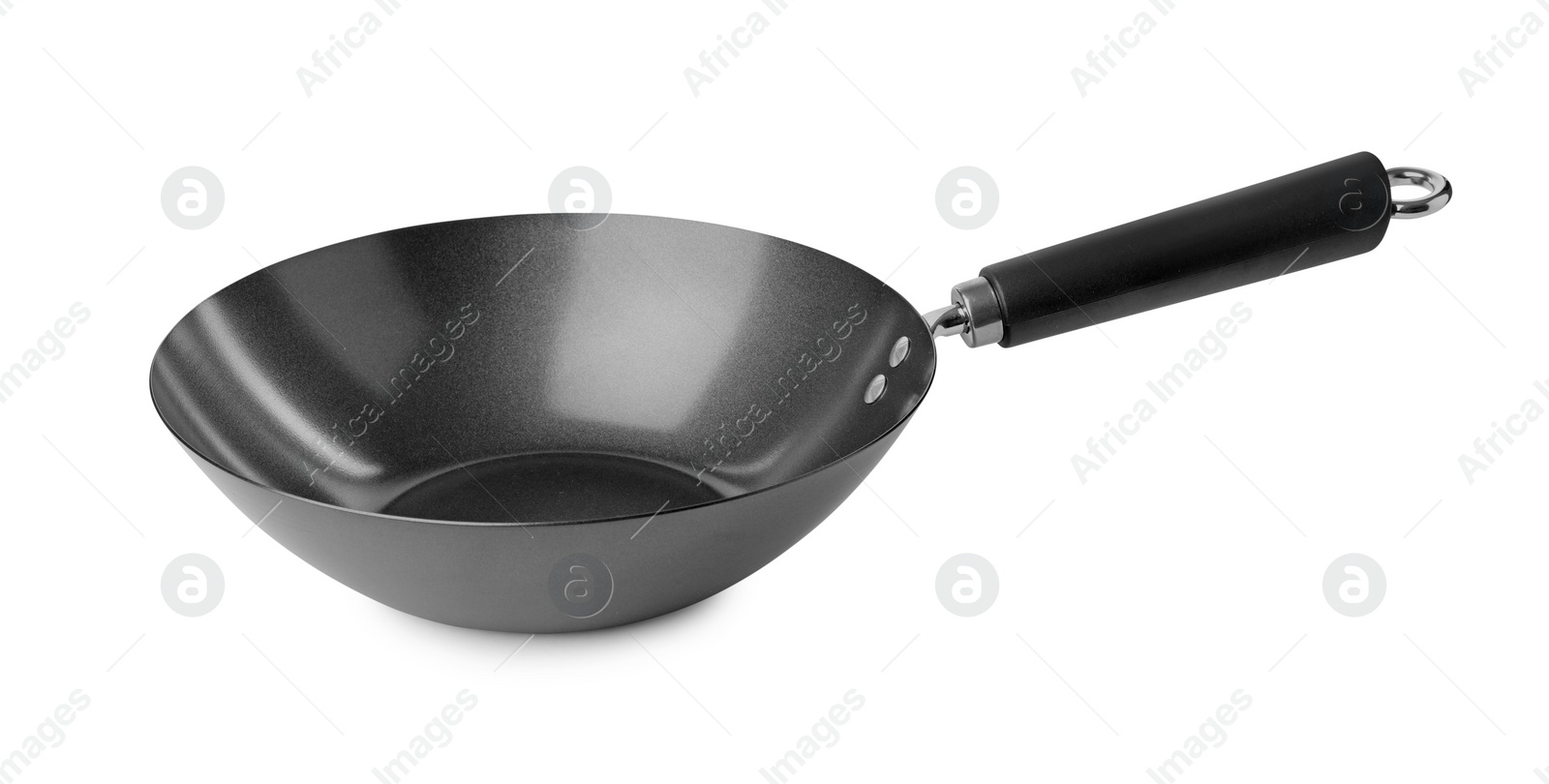 Photo of One empty metal wok isolated on white