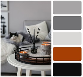 Image of Color palette and photo of candles and aroma reed diffuser on white table near grey sofa. Collage