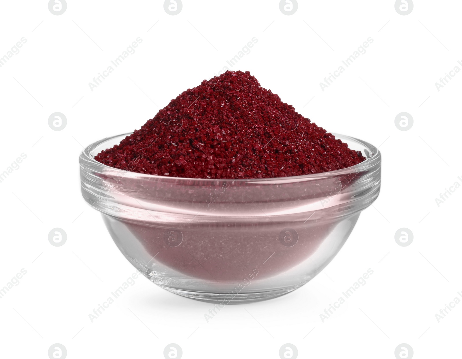 Photo of Glass bowl with dark red food coloring isolated on white