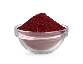 Photo of Glass bowl with dark red food coloring isolated on white